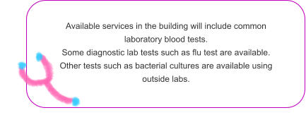 Available services in the building will include common laboratory blood tests.  Some diagnostic lab tests such as flu test are available.  Other tests such as bacterial cultures are available using outside labs.