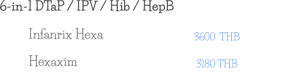 6-in-1 DTaP / IPV / Hib / HepB 3600  THB Infanrix Hexa 3180 THB Hexaxim